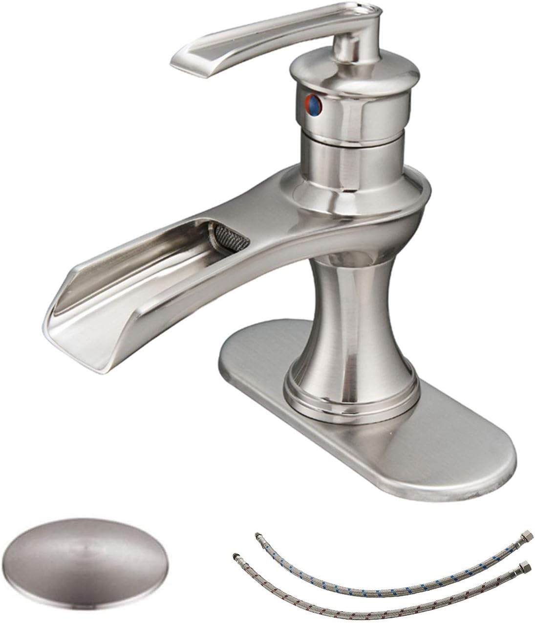BWE Brushed Nickel Bathroom Faucet Single Hole Single Handle Bathroom Sink Faucet Matching Pop Up Drain Stopper with Overflow and Supply Lines Bath Vanity Faucet Commercial