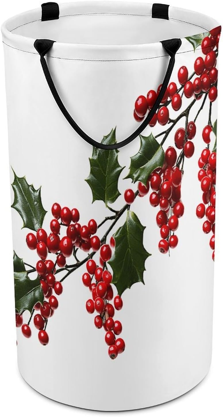 Holly Berry Branches Laundry Hamper with Handles Waterproof Collapsible Laundry Basket Large Lightweight Round Dirty Clothes Hamper for Home Dorm Bathroom Decor