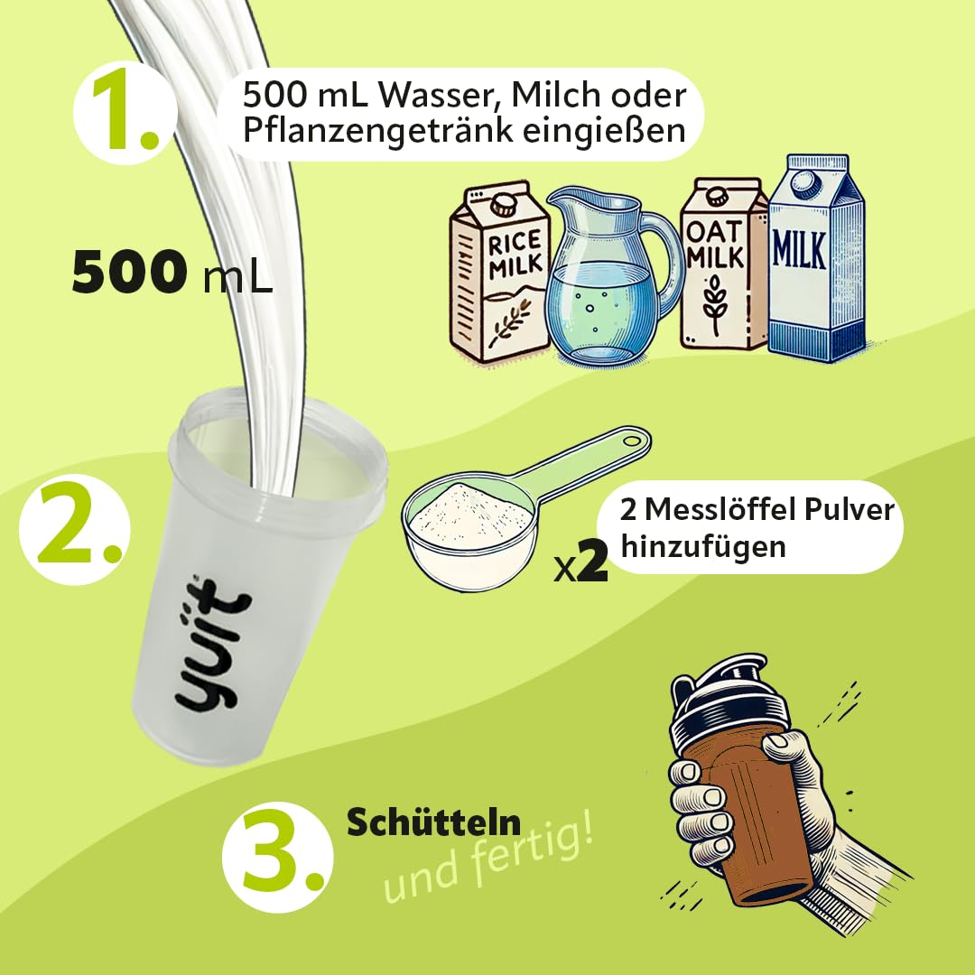 YUIT - Trinkmahlzeit in Pulverform mit 31 Vitaminen und Mineralien + Probiotika -Eiweißshake mit 35 g Eiweiß - Natürliche und echte Lebensmittel - Sättigender Mahlzeitenersatz (1kg-Schokolade+SHAKER)