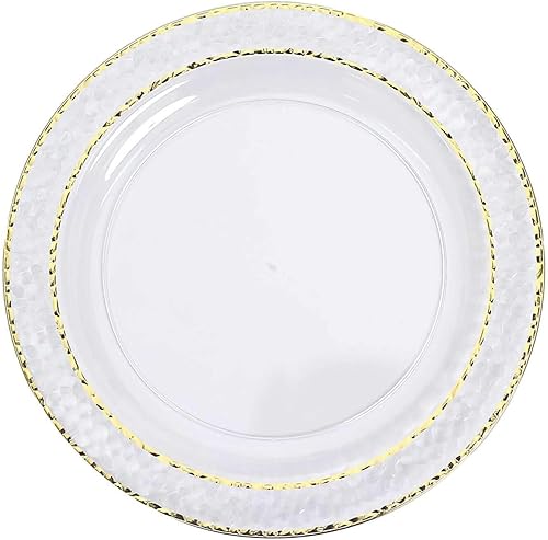 Efavormart - Paquete de 10 platos para postreaperitivo de plástico martillado transparente de 7.5 pulgadas con borde dorado