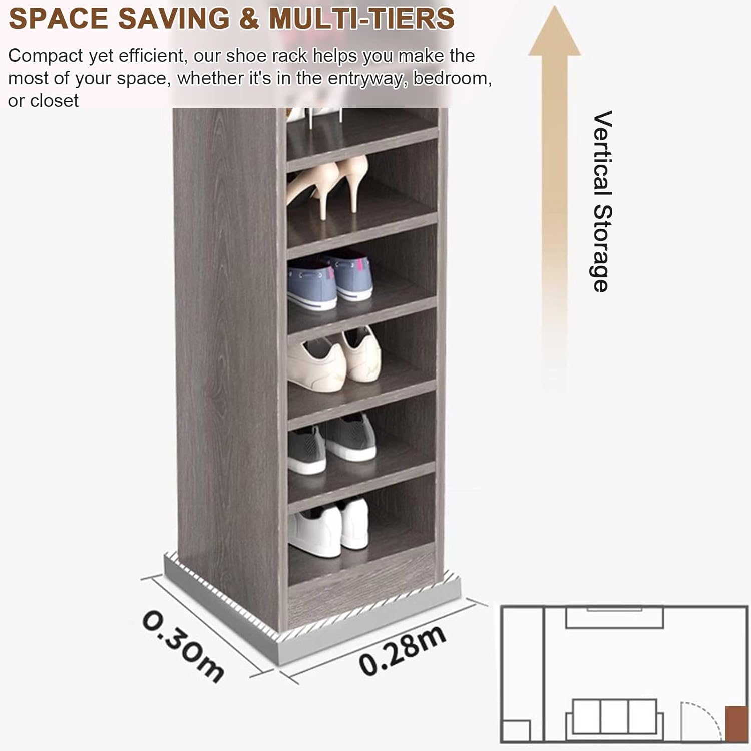 Shoe Rack 5-8 Tier Tall Shoe Slots Storage Cabinet Wooden Shoe Shelves Organizer for Small Spaces, Closet Hallway Bedroom Entryway,Natural,28x30x100cm