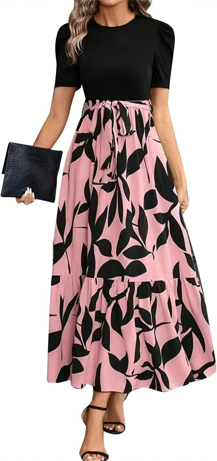 Women Dresses Casual Plus Size Bohemian Short Sleeve Floral Printed Long Maxidress Summer Beach Swing Dress