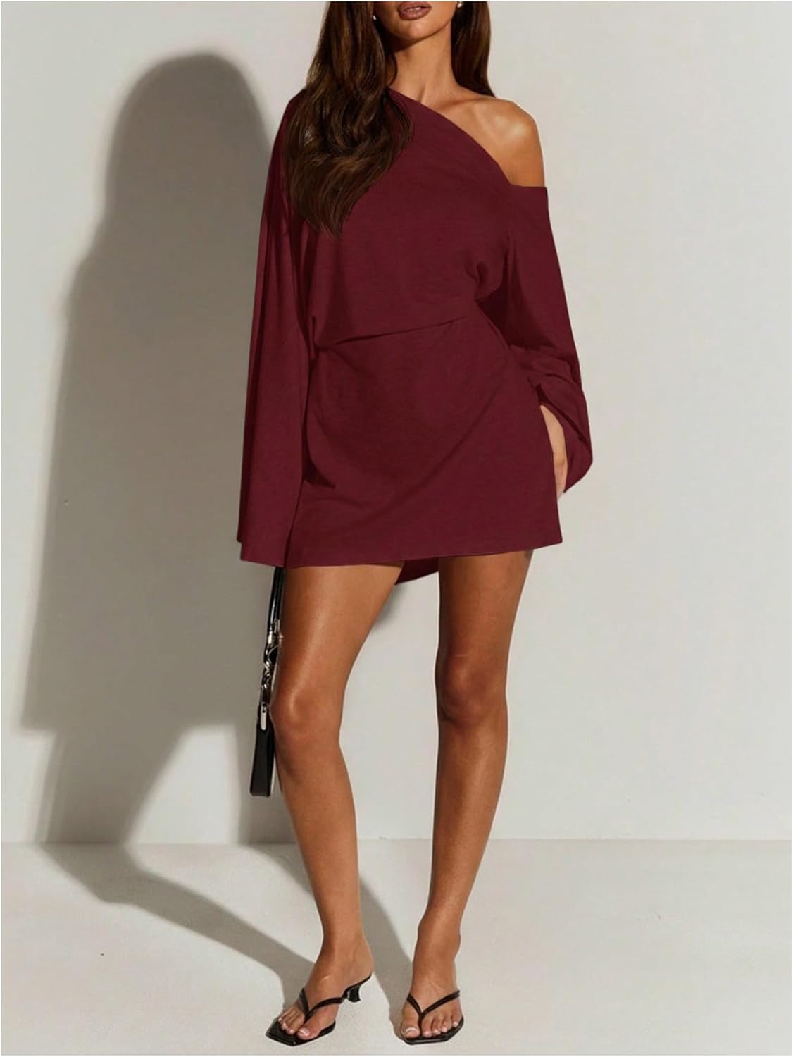 SOLY HUX Women's Asymmetrical Mini Dress Off The Shoulder Long Sleeve Casual Bodycon Dresses Pure Burgundy Large - Image 5