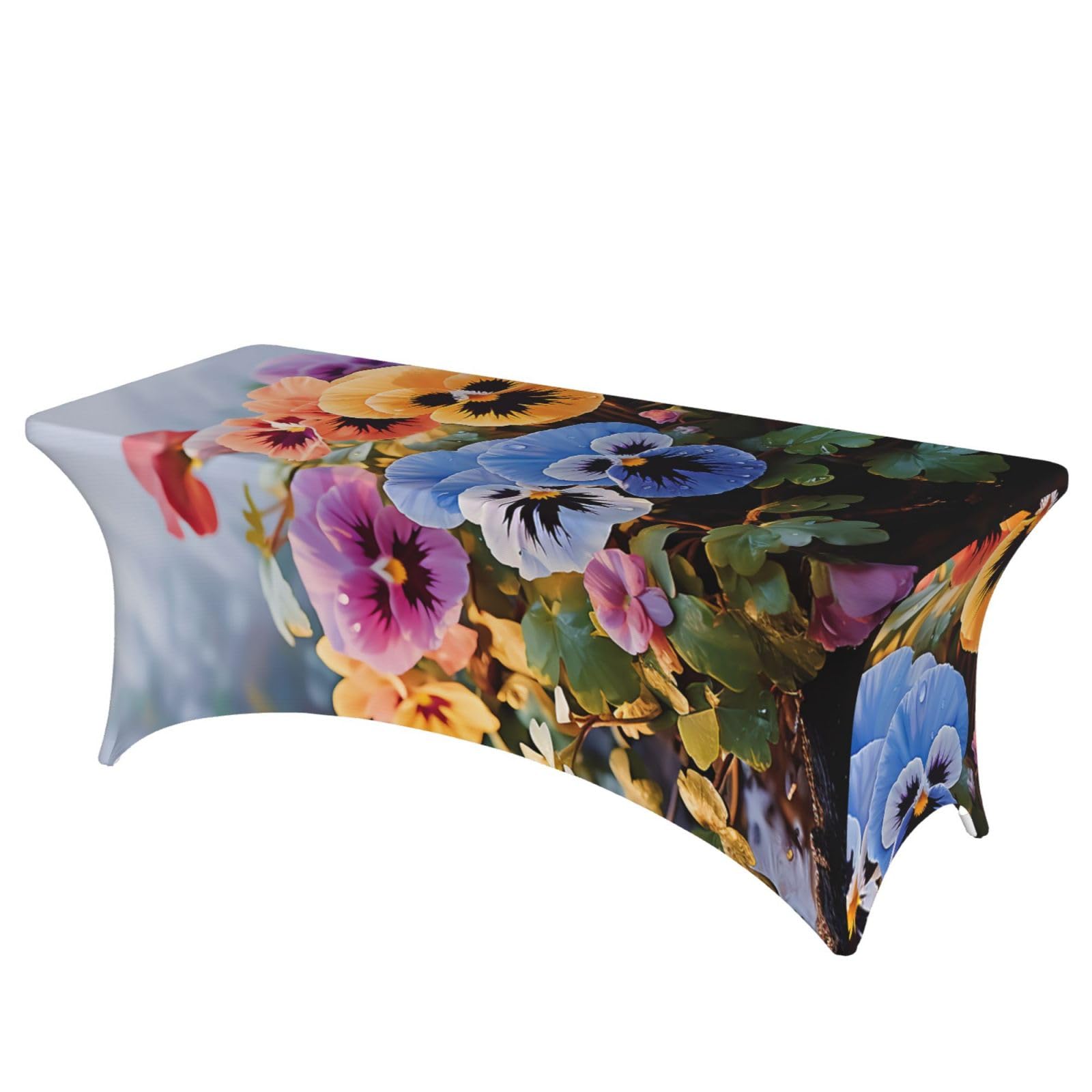 Fodpand Black 6Ft Spandex Table Cloth For Rectangle Tables - Pansy Flowers Tablecloth Protector, Washable And Wrinkle Resistant Stretch Patio Table Cover For Event, Wedding, Banquet & Parties