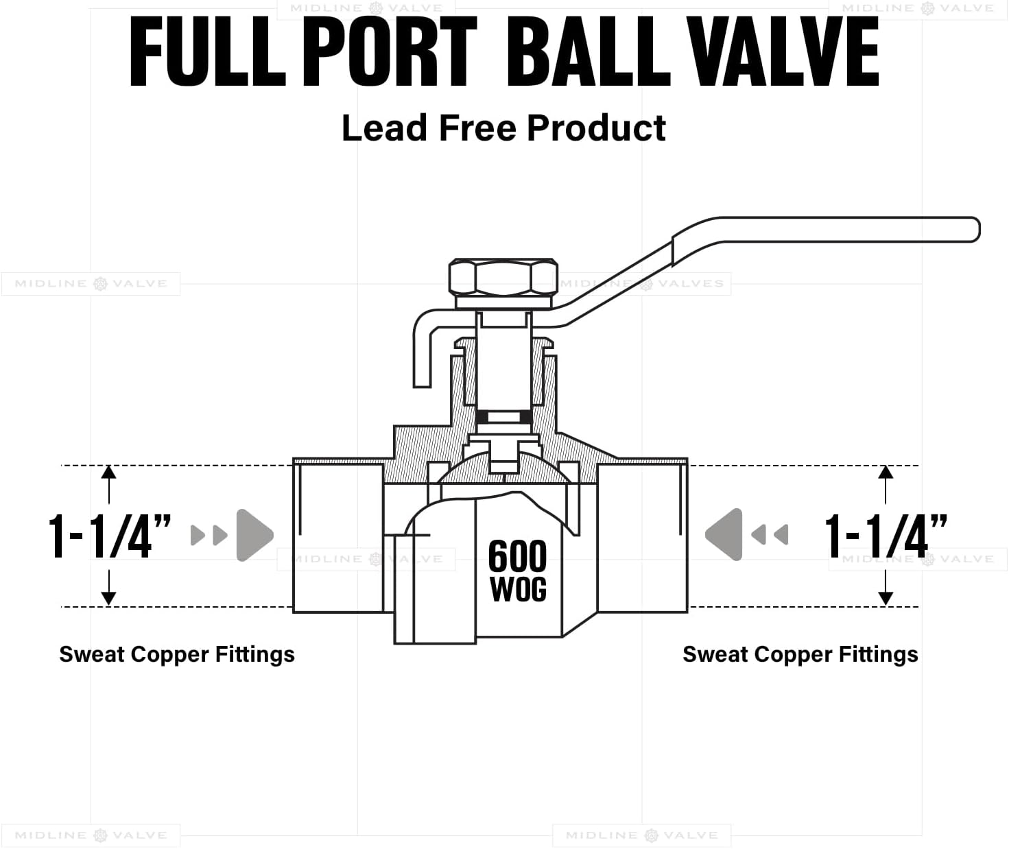 Midline Valve 832C336-NL Premium Full Port Ball Valve Brass, x 1-1/4 in. SWT, 1-1/4 in. SWT x 1-1/4 in. SWT