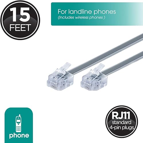 Miniatura 2 de Cable de línea de teléfono Power Gear, paquete de 2 unidades, 8 pulgadas, cable de teléfono corto, extremos de conector modular, funciona para
