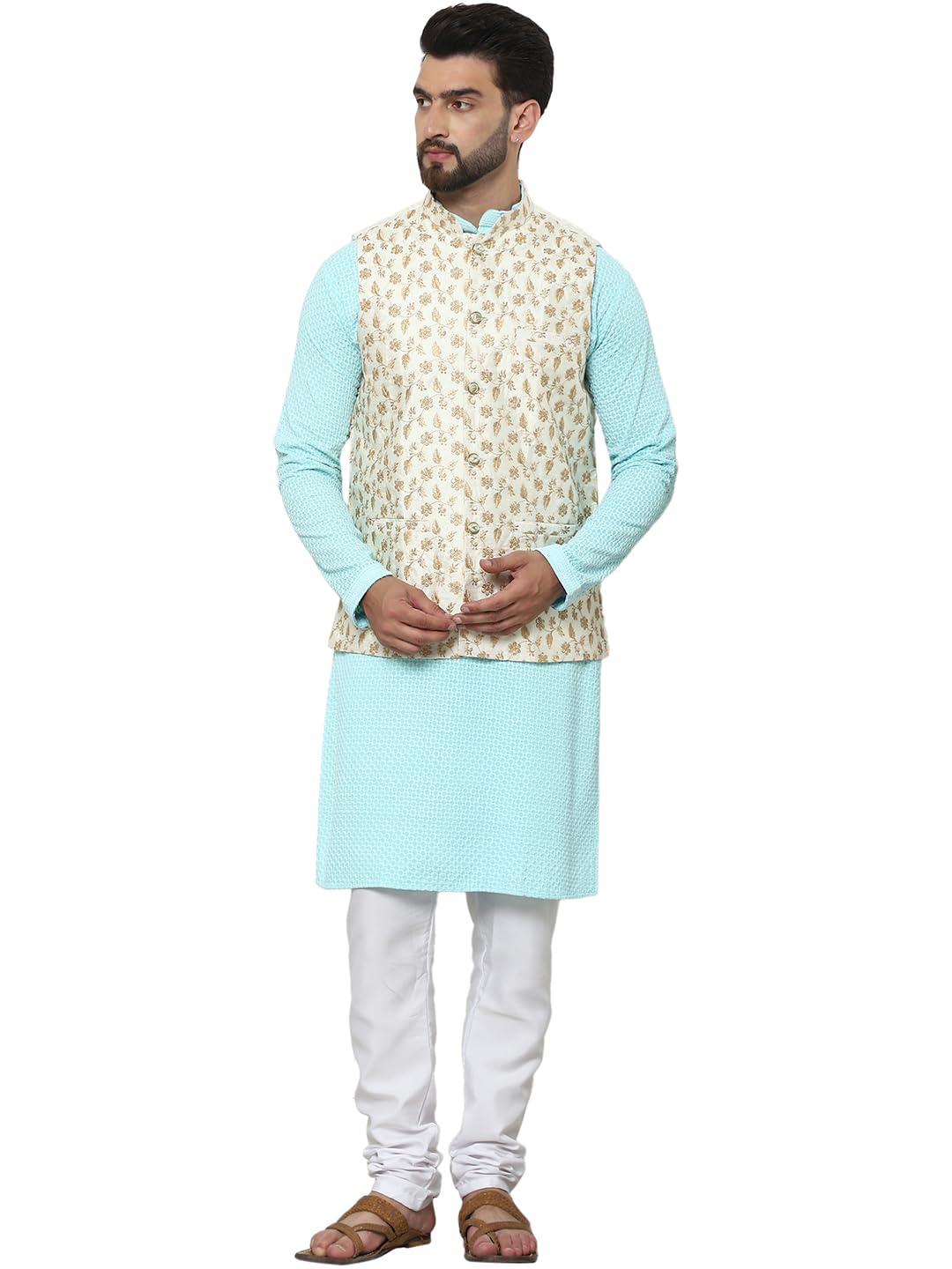 SOJANYA (Since 1958 Men's Pure Cotton Sky Blue Kurta and White Pyjama with Embroidered Cream Nehru Jacket