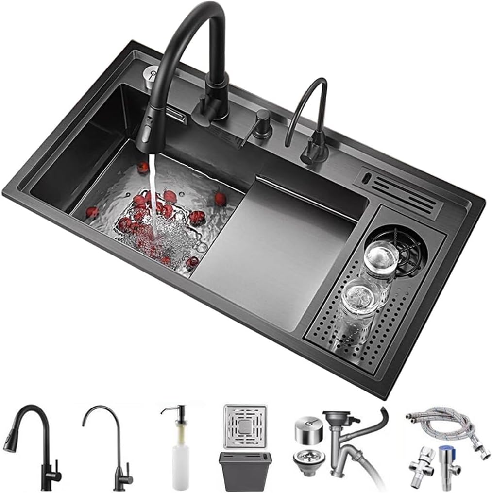 Stepped Stainless Steel Kitchen Sink with Pull-Out Faucet Black Nano Household Sink Multifunctional Single Bowl Sink with Cup Washer Soap Dispenser Knife Holder Box Knob Drainage Component