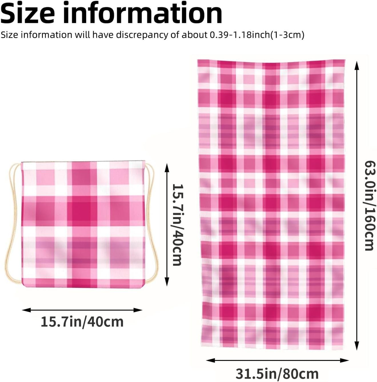 2 in 1 Packable Towel Bag,Soft Absorbent Pool Towels Backpack Quick Dry Lightweight Beach Towels Pink Plaid Drawstring Bag for Travel Camping Sports Picnic image 3