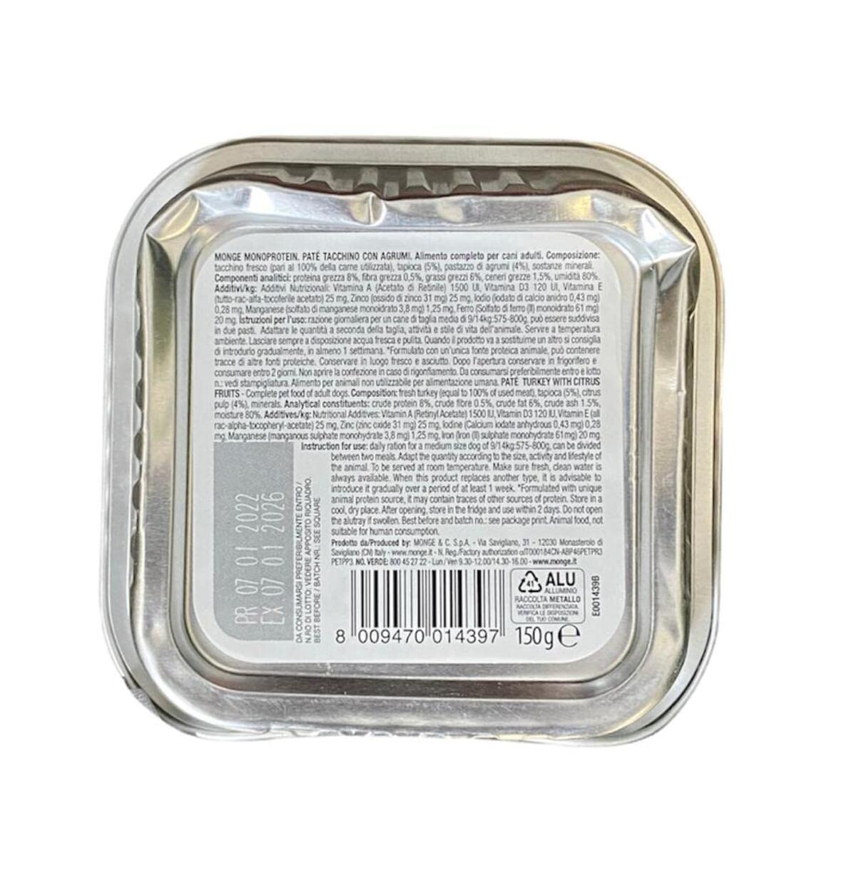 Monge Monoprotein Cibo umido per Cane solo Tacchino con Agrumi, naturalmente senza coloranti, conservanti e zuccheri aggiunti. Confezione da 24 vaschette (1 = 150gr.)