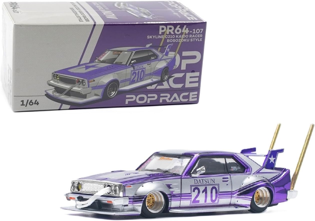 Diecast Model Car Compatible with Pop Race 1:64 Nissan Skyline C210 Kaido Racer Bosozoku Style Purple Chrome Silver Limited Edition PR640107