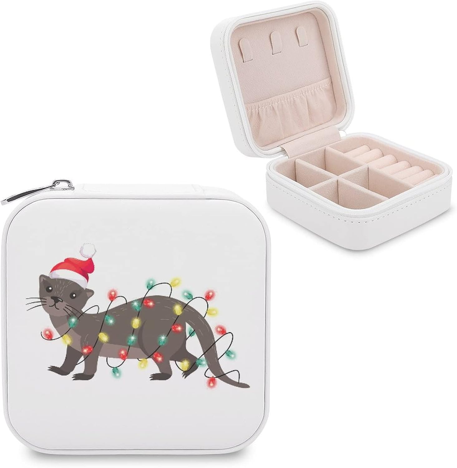 Christmas Lights Cat Small Travel Jewelry Box Organizer Display Storage Case for Rings Earrings Necklace Xmas Holiday Gifts for Woman Girlfriend Bestie