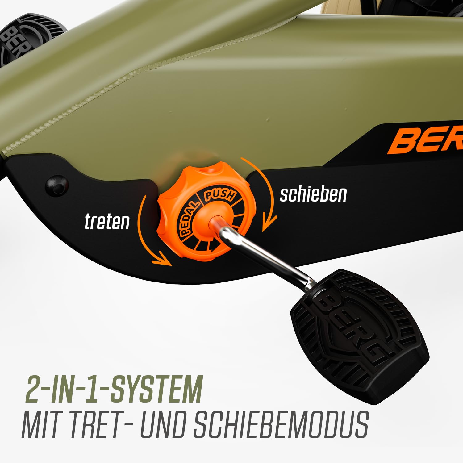 BERG Pedal-Gokart Buzzy 2-in-1 inkl. Schubstange | Gokart mit Freilauf | Tretfahrzeug für Kinder ab 2 Jahren | Kinderfahrzeug mit Handbremse und hohem Sicherheitsstandard | Retro Green