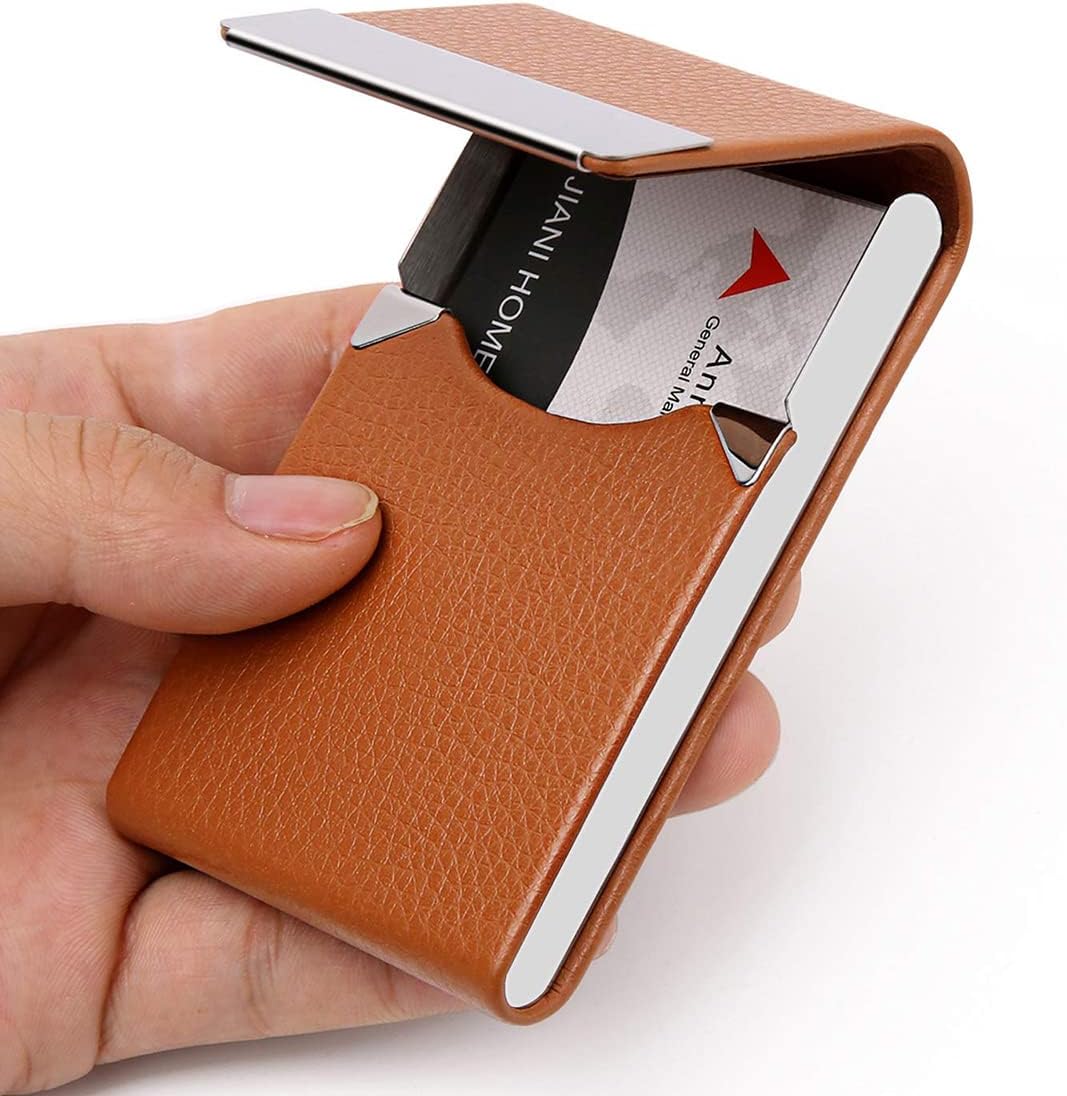 Business Card Holder Case, Brown Fashion Professional PU Leather Business Card Carrier, Luxury Metal Name Card Holder with Magnetic Shut, Wallet Credit Card ID Case for Men & Women Best Gift