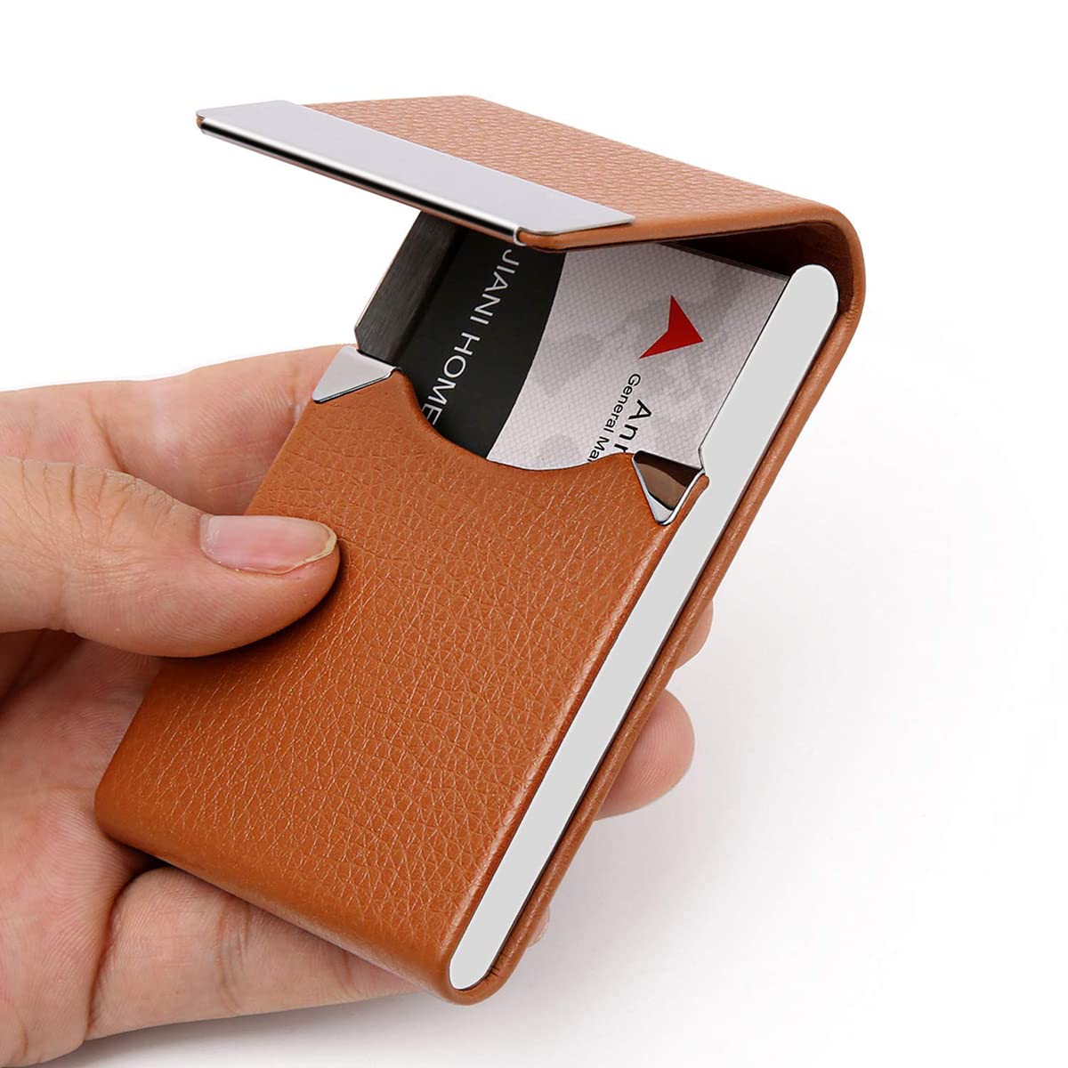 Business Card Holder Case, Brown Fashion Professional PU Leather Business Card Carrier, Luxury Metal Name Card Holder with Magnetic Shut, Wallet Credit Card ID Case for Men & Women Best Gift