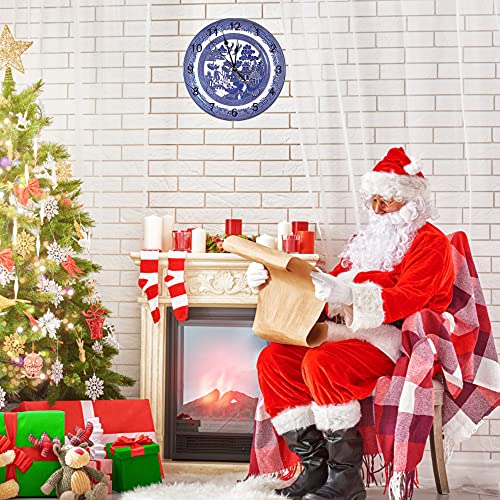 Godblessign Blue Delft Porcelain Background Wall Clock Farmhouse Kitchen Decor Silent Non-Ticking Wooden Wall Clocks Battery Operated Rustic Decorative For Bedroom Bathroom Living Room 10 Inch #TOP3