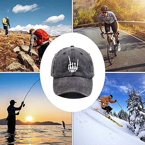 Image of Skeleton Hand Hat, Skull Finger Baseball Cap Adjustable Washed Distressed Denim for Men Women