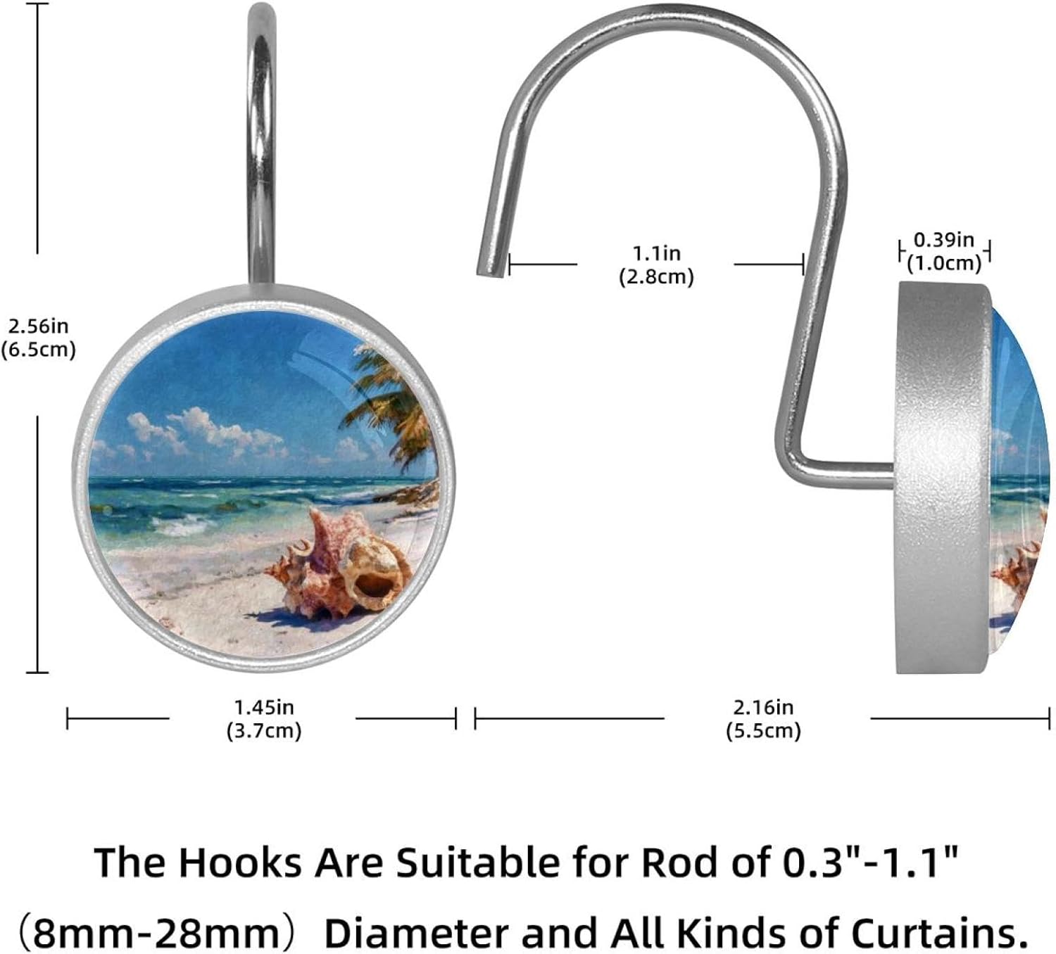 12PCS Conch Beach Seaside (2) Shower Curtain Hooks Metal Rust Resistant Decorative Shower Curtain Hooks Bathroom Decorations