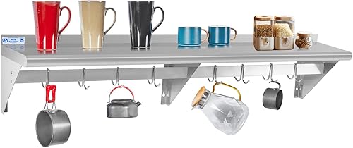 Miniatura 15 de Hally Estante de acero inoxidable con 6 ganchos de 14 x 36 pulgadas montado en la pared, 300 libras, estantería flotante comercial NSF para Con
