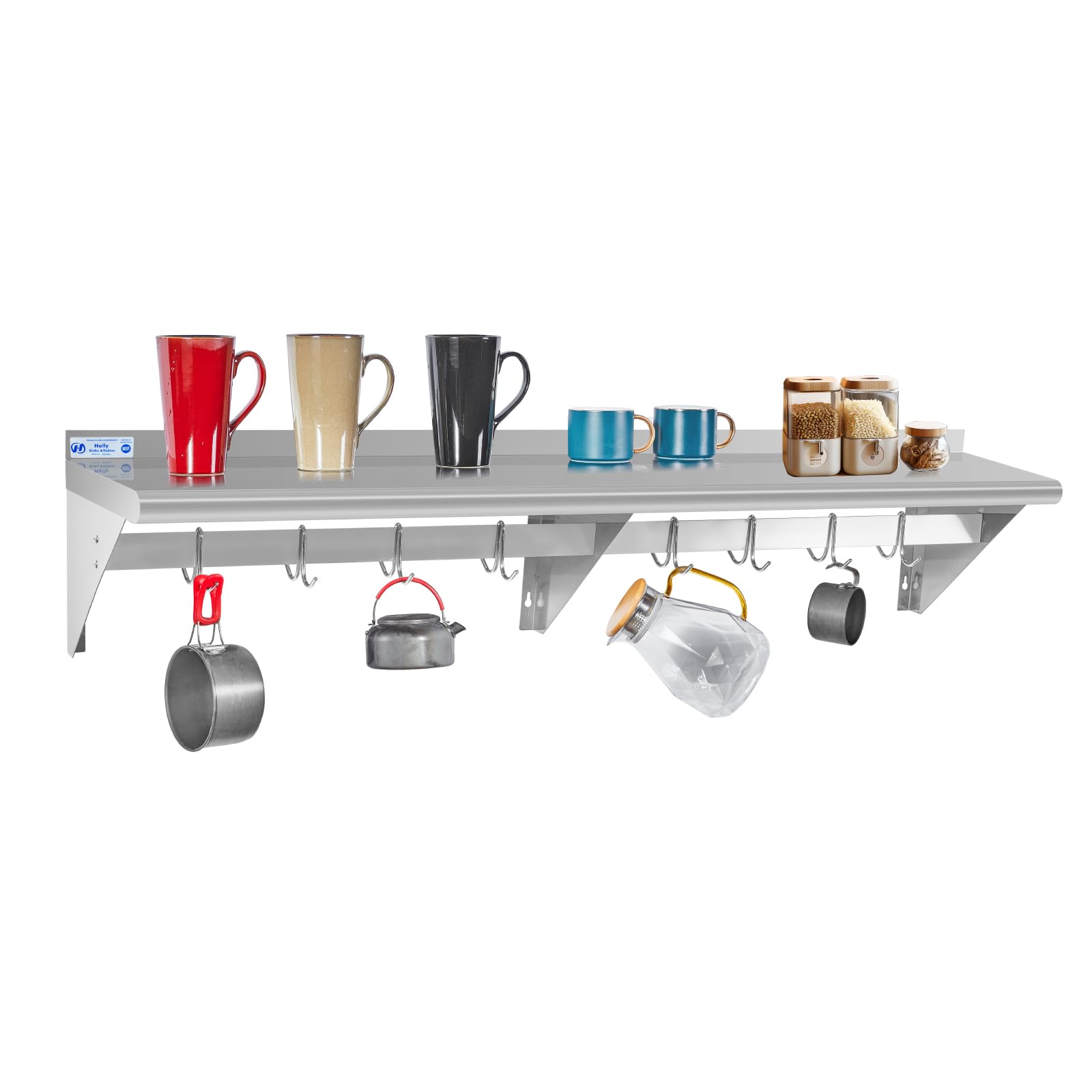 Hally Stainless Steel Shelf with 8 Hooks 14"x60" Wall Mounted Pot Rack NSF