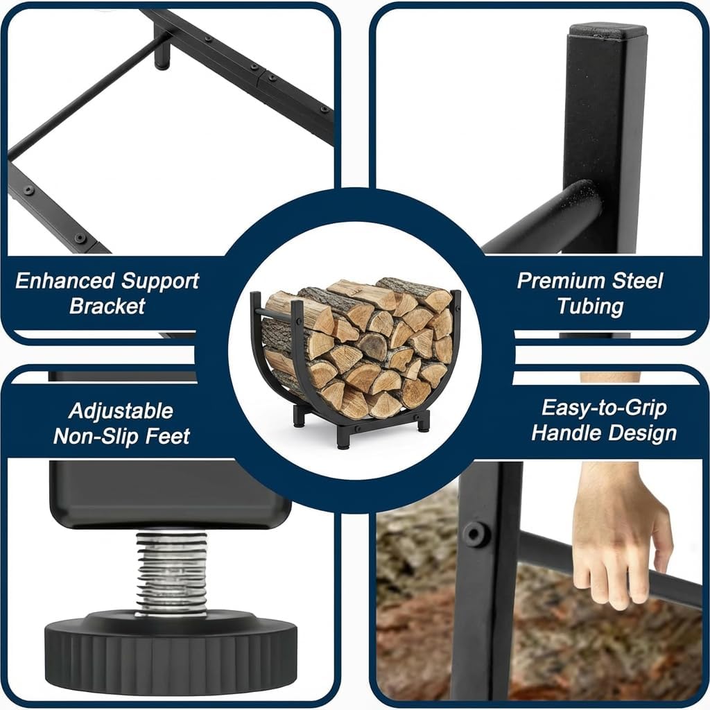 Small Firewood Rack, Indoor Outdoor Log Holder, Rustic Decorative Firewood Storage Rack, Wood Holder for Fireplace, Patio, or Backyard (black)