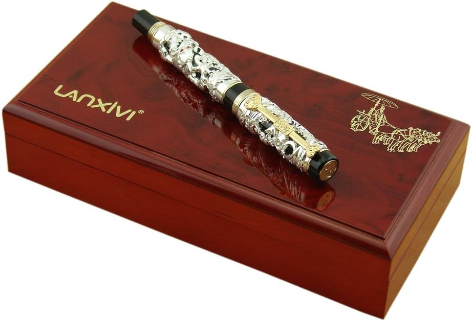 Lanxivi Jinhao Dragon Phoenix 925 Silver Plated Roller Ball Pen Lucky Clip Wooden Gift Box
