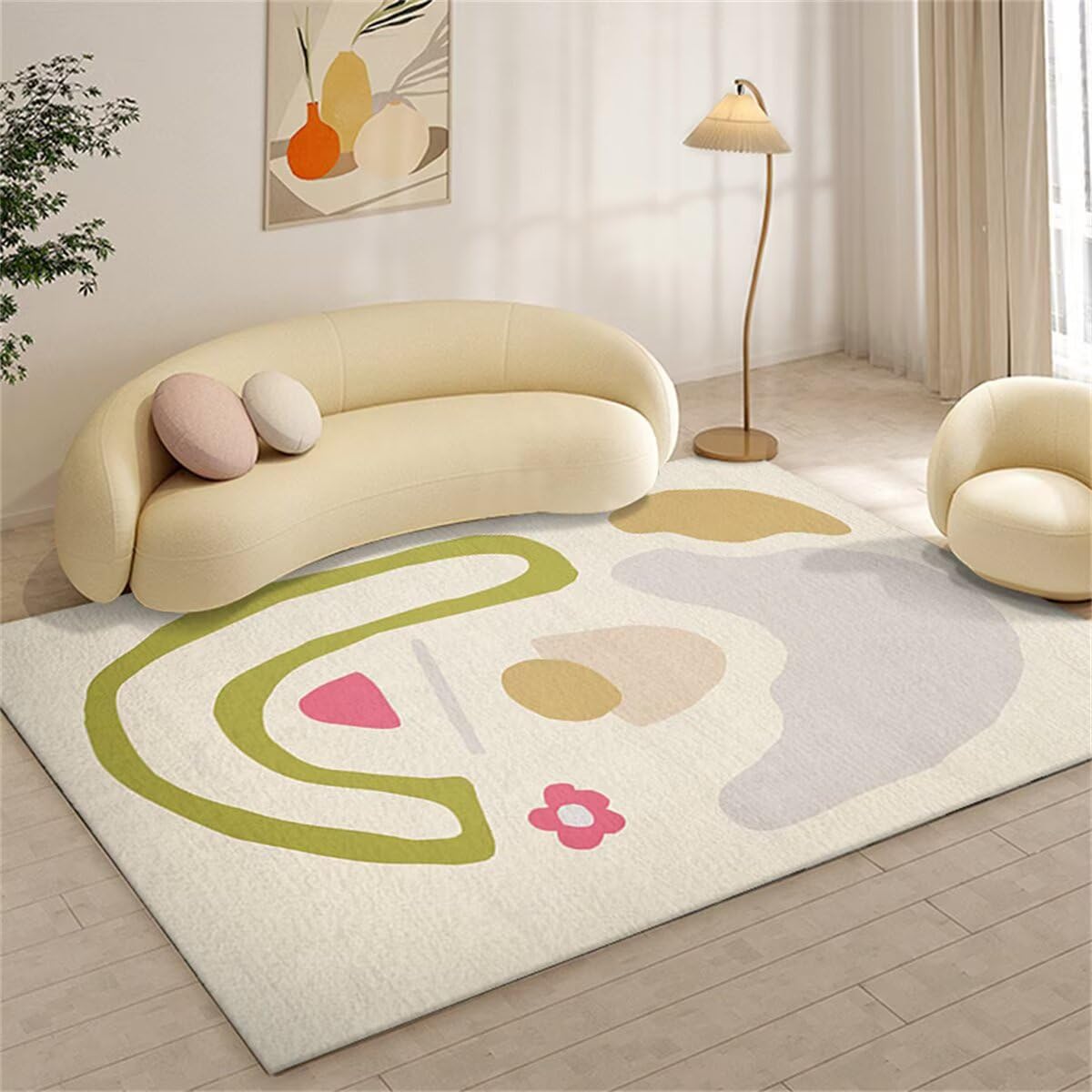 Tapis bureau lavable et extra plat design beige vert pour chambre