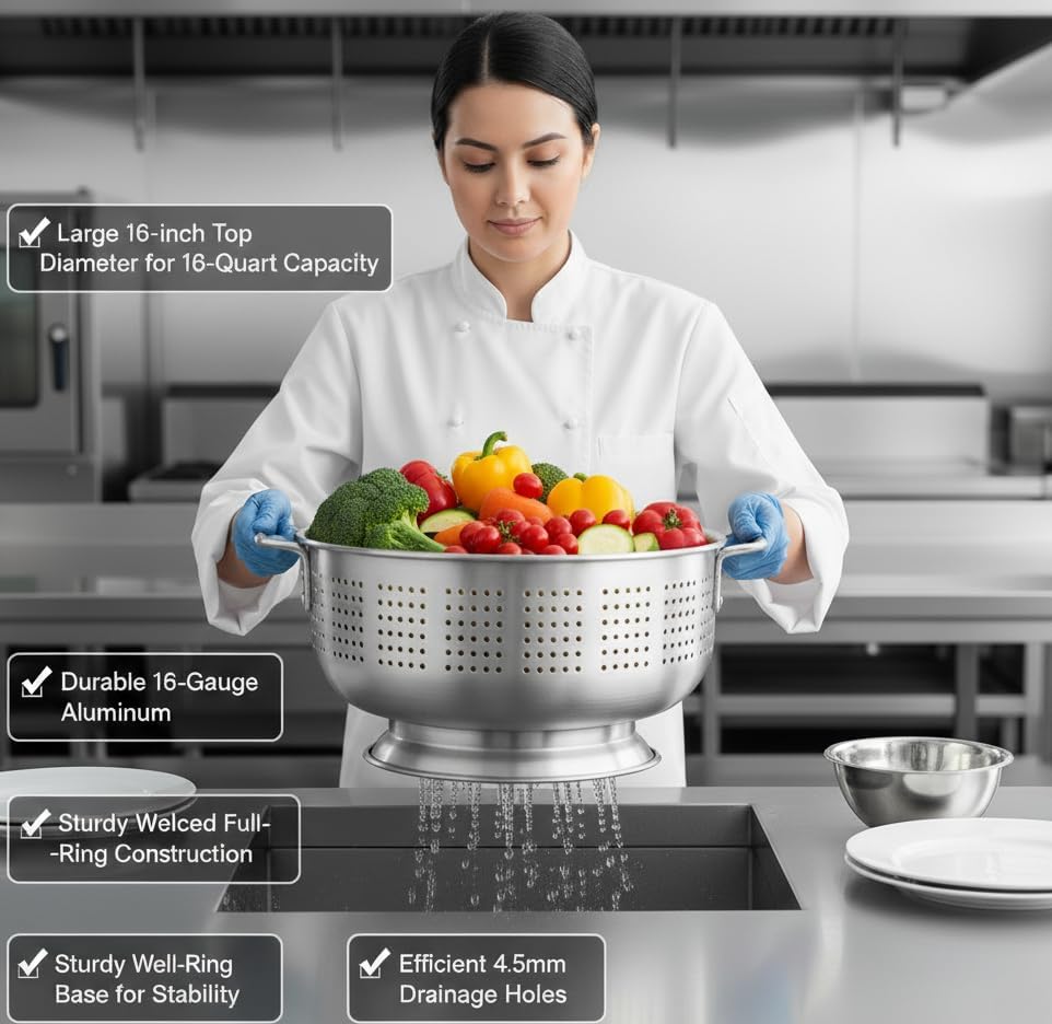 Miniatura 2 de Colador de aluminio de 16 cuartos de galón con base y asas, colador comercial resistente calibre 16 para pasta, frutas y verduras (1, 16 cuartos de