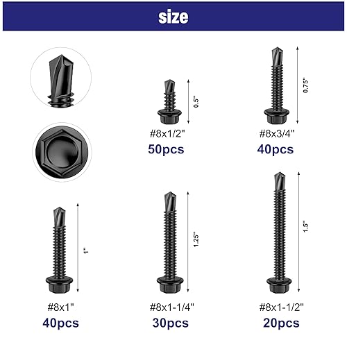 Miniatura 2 de 180 tornillos autoperforantes de acero inoxidable 410 tornillos autorroscantes para metal 5 tamaños de 12 pulgadas a 1-12 pulgadas kit surtido de