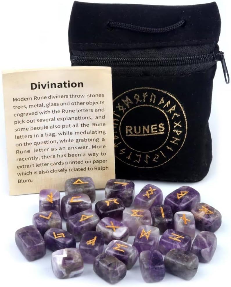 Natural Runes Nordic Crystal Runes Irregular Runes Gemstone for Divination Gemstone Meditation Divination Divination Divination Velvet Storage Bag with Instructions Purple