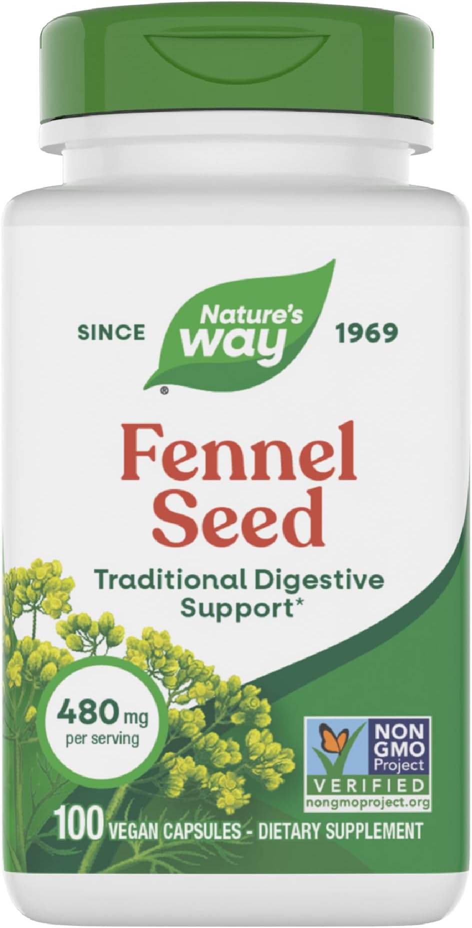 Fennel Seed, Traditional Digestive Support*, 480 mg per Serving, Gluten Free & Vegan, Non-GMO Project Verified, 100 Capsules (Packaging May Vary)