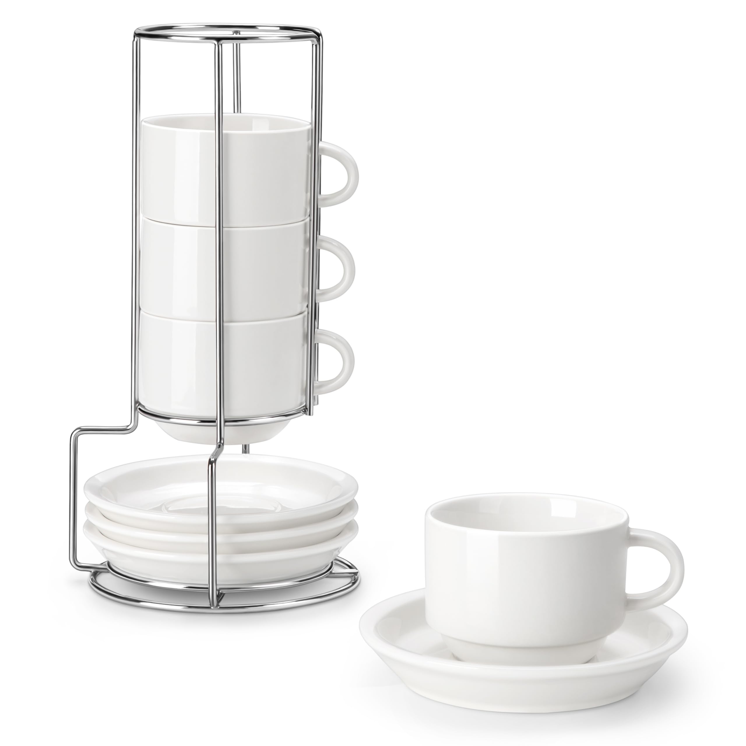 MALACASA 8 OZ Porcelain Espresso Cups with Saucers and Metal Stand Set of 4, Stackable Cappuccino Cups, White Expresso Shots Cup Set for Coffee Drinks, Latte, Tea