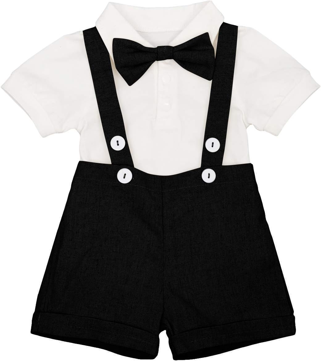 Baby Boy Baptism Outfit Christening Clothes Set, Newborn Toddler Bowtie Romper with Overalls Shorts 1st Birthday