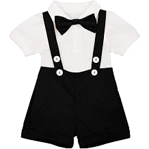 IDOPIP Baby Boys Formal Suit Set Short Sleeve Romper Suspenders Shorts Pants Bowtie Wedding Tuxedo Outfits Cake Smash Clothes