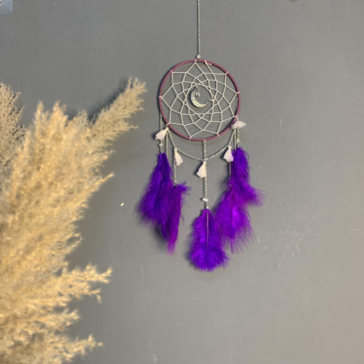 Dream Catchers, Moon Chimes Dreamcatcher Handmade Feather Native American Circular Net Bedroom Wall Hanging Decoration Decor for Boys Girls (Purple)
