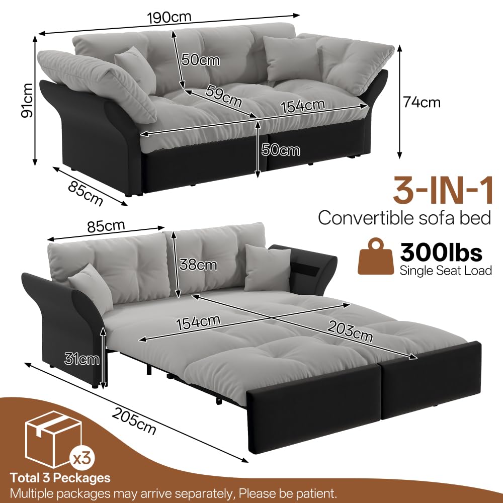 Sapgaks Canapé lit gigogne 190 cm (Taille Queen),canapé Convertible 3 en 1 avec capitonnage et 2 Coussins Moelleux, revêtement en Velours Multifonctionnel (Gris Clair)