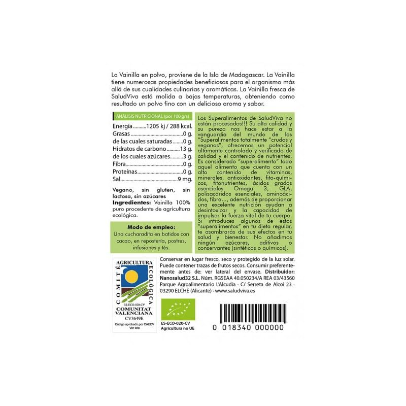 Vainilla en Polvo Bio 20g | Salud Viva | 100% Ecológica y Natural | Aromatizante Premium para Repostería | Vegana y Sin Gluten | Alternativa a la Vainillina