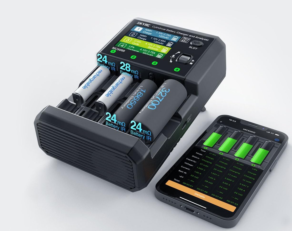 SKYRC MC5000 Charger next to a smartphone displaying the SkyCharger app interface