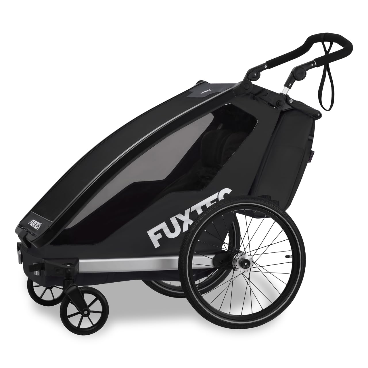 Fuxtec Sport Cruiser 2-en-1 Remorque Vélo, Buggy, Jogger Noir pour 2 Enfants en Aluminium - Pliable avec Protection Pluie et Soleil