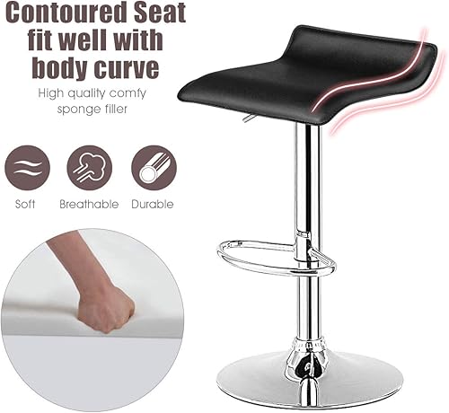 Miniatura 8 de COSTWAY Taburete de bar, giratorio, ajustable, contemporáneo, diseño moderno, cromado, hidráulico, piel sintética, sin espalda, color negro, juego