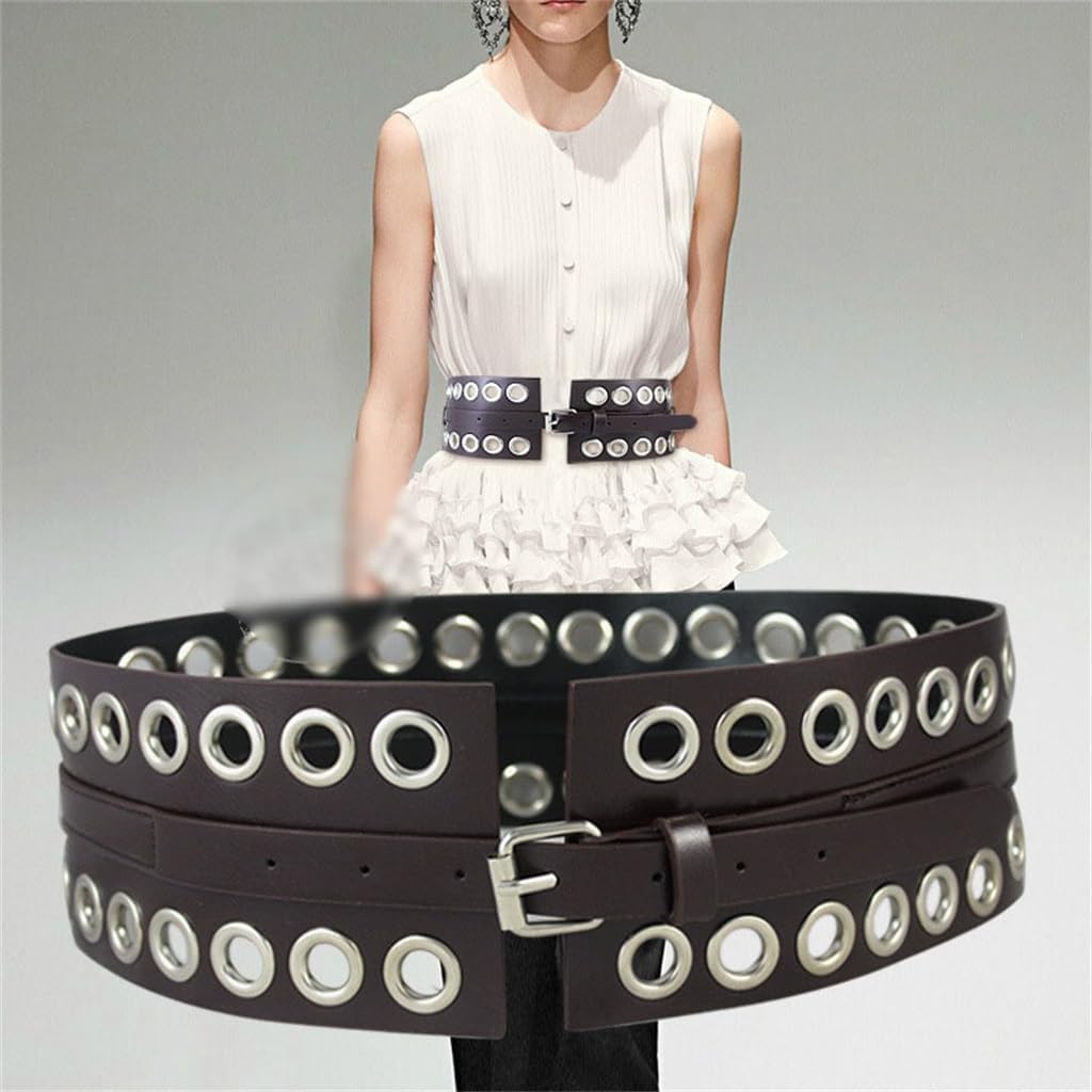 JSEIAJB Coffee Extra Wide Hollowed Out Pin Buckle Peplum Belt Skirt Decorative Waistband