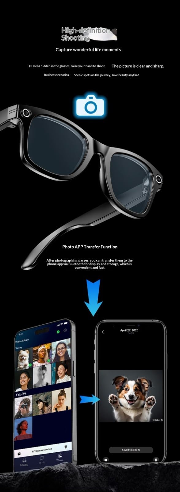 Occhiali intelligenti per traduzione e riconoscimento alimentati dall'AI, occhiali Bluetooth con fotocamera ad alta definizione, fotocamera da 8 MP, batteria da 260 mAh, traduzione in tempo reale