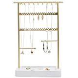 SANY DAYO HOME 5-Tier Gold Jewelry Organizer Stand with Double Sided 18 Necklace Hooks, 34 Earring Holes, 2 Bracelet Holders, White Real Wood Tray for Jewelry Display