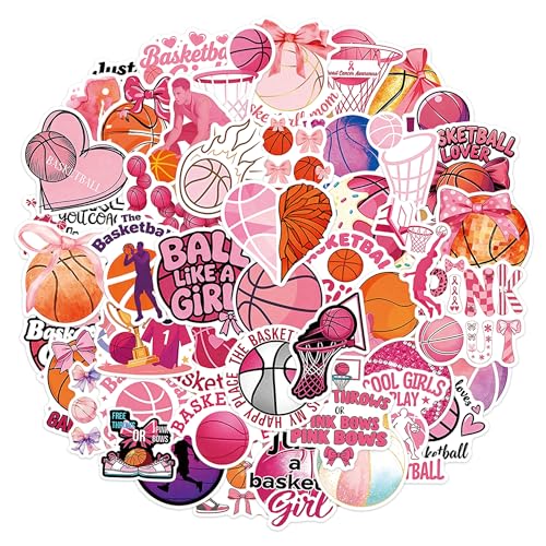 QTL Pink Basketball Stickers for Girls Teens, Basketball Party Supplies, Waterproof Vinyl Stickers for Water Bottles and Laptop, 50PCS