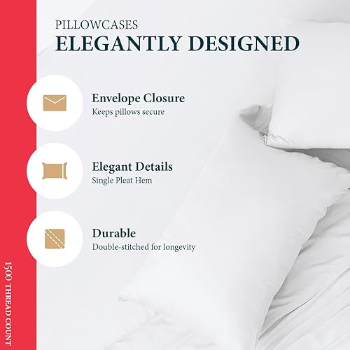 Miniatura 4 de Ashton Sheets Juego de 4 fundas de almohada 100% de algodón egipcio, tamaño estándarQueen, lujosas fundas de almohada de 1500 hilos color blanco