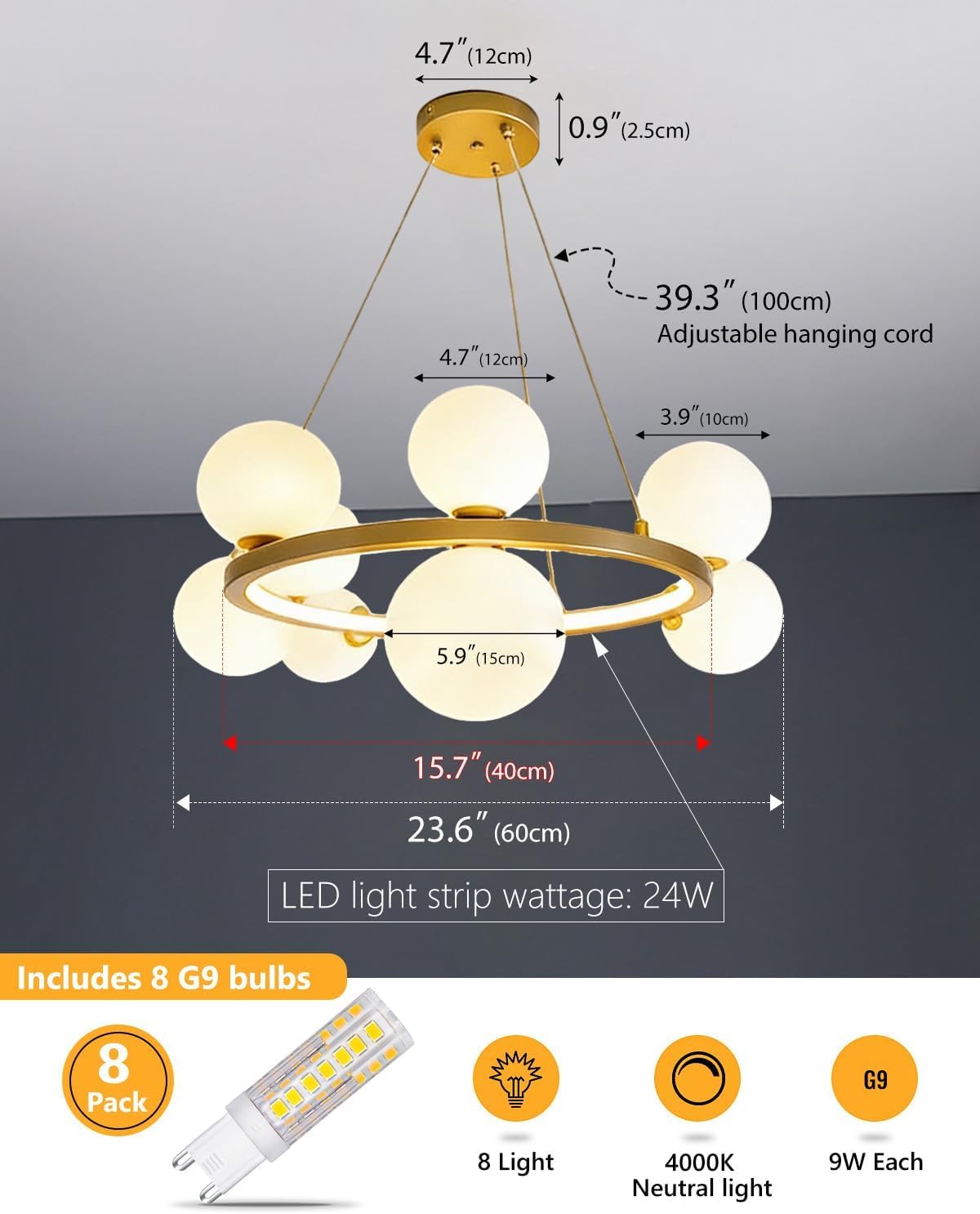 Modern Bubble Globe Chandelier, 8-Lights Ball LED Hanging Ceiling Lamp Flush Milk White Glass Round Pendant Light Fixtures Over Table for Dining Living Room, Gold Sputnik Chandeliers Indoor Lighting