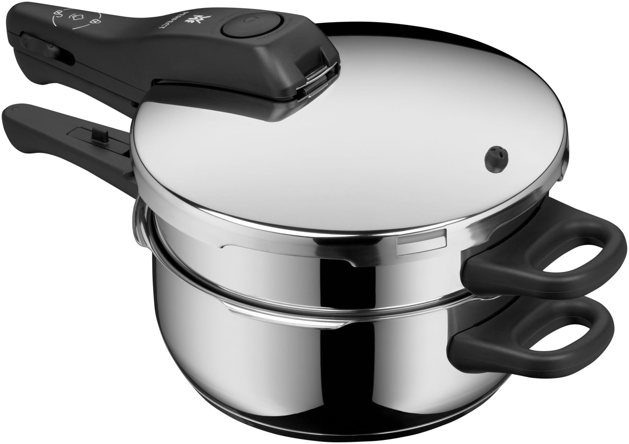 WMF Perfect Schnellkochtopf Set Induktion 3-teilig, Dampfkochtopf 4,5l + 3l mit Einsatz, großes Kochsignal, 2 Kochstufen, abnehmbarer Deckelgriff, stapelbar