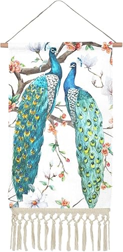 susiyo Póster colgante de lino, diseño de cerezos de pavo real, flores de magnolia, impresiones artísticas para decoración de pared, póster con borla