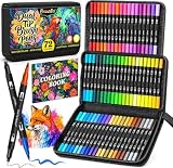 Bonala Feutres Coloriage Adulte 72 Couleurs, Feutre Pinceau & Aquarelle Double Pointe Fine, Stylo Feutre Pointe Fine pour Dessin, Mandala, Manga, Coloriage & Calligraphie, avec Étui