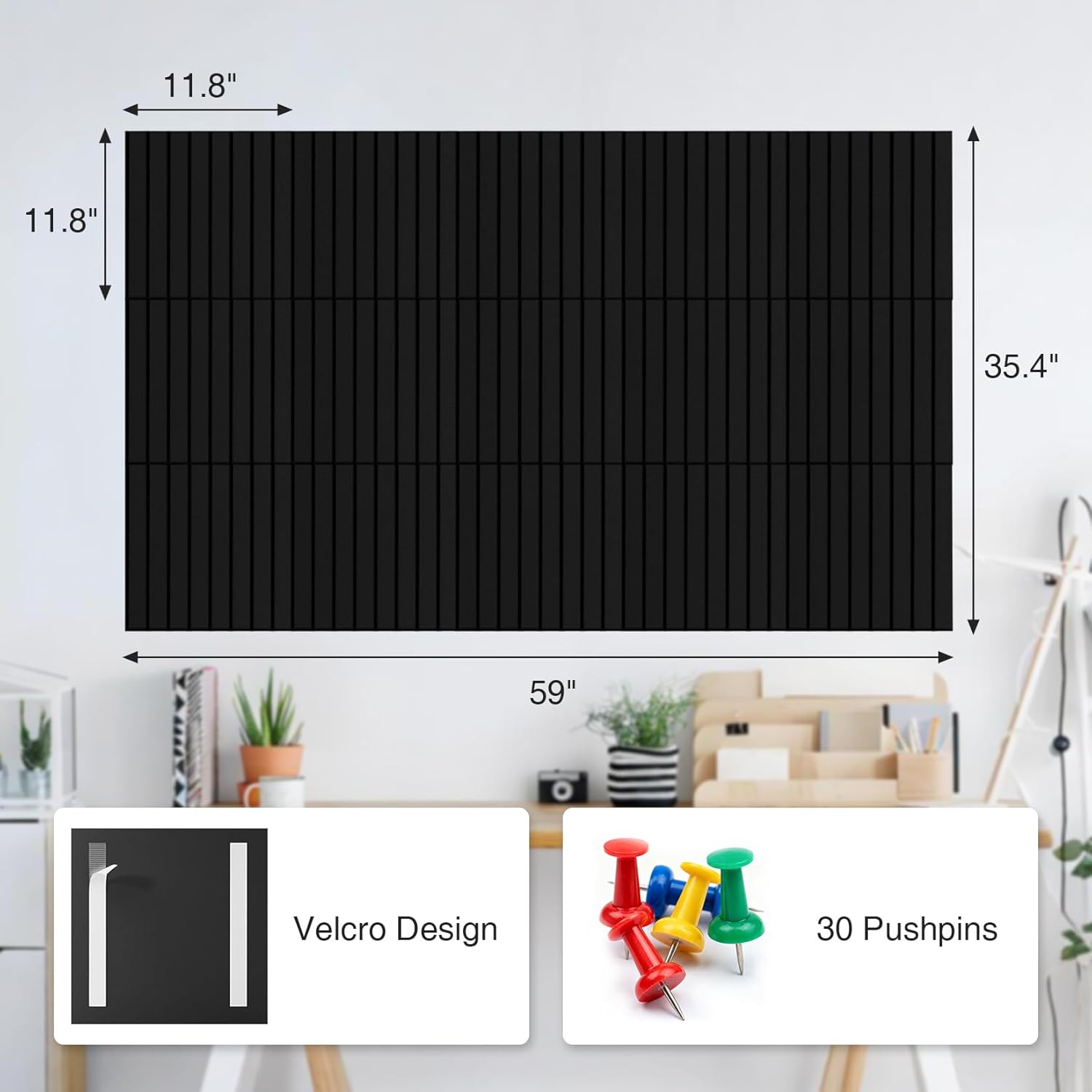 59" x 36" Large Bulletin Board for Walls, 15-Pack Felt Wall Tiles Cork Board Alternative with 30 Pushpins, Decorative Wall Photo Pinboard for Office, Home, School, Black